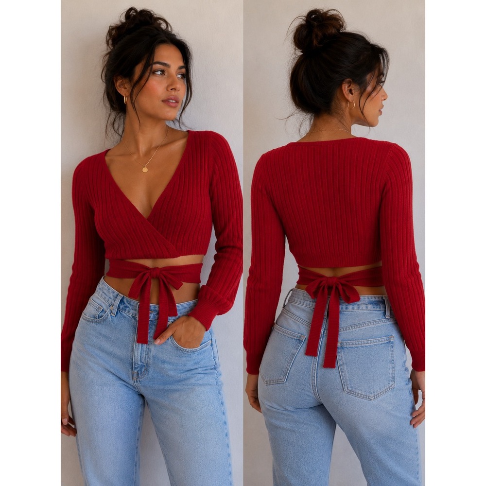 Red Ribbed Knit Wrap Cropped Sweater V-Neck Long Sleeve Tie Waist Top One Size